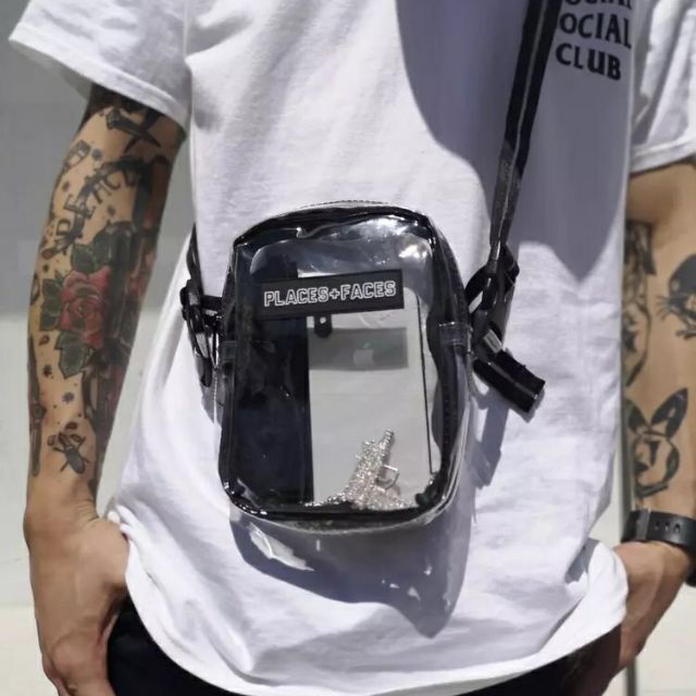 shoulder bag places faces transparente look masculino